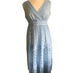Charlie Charlie Charlotte Blue w/gold polka dots & lace Maxi dress Size Medium